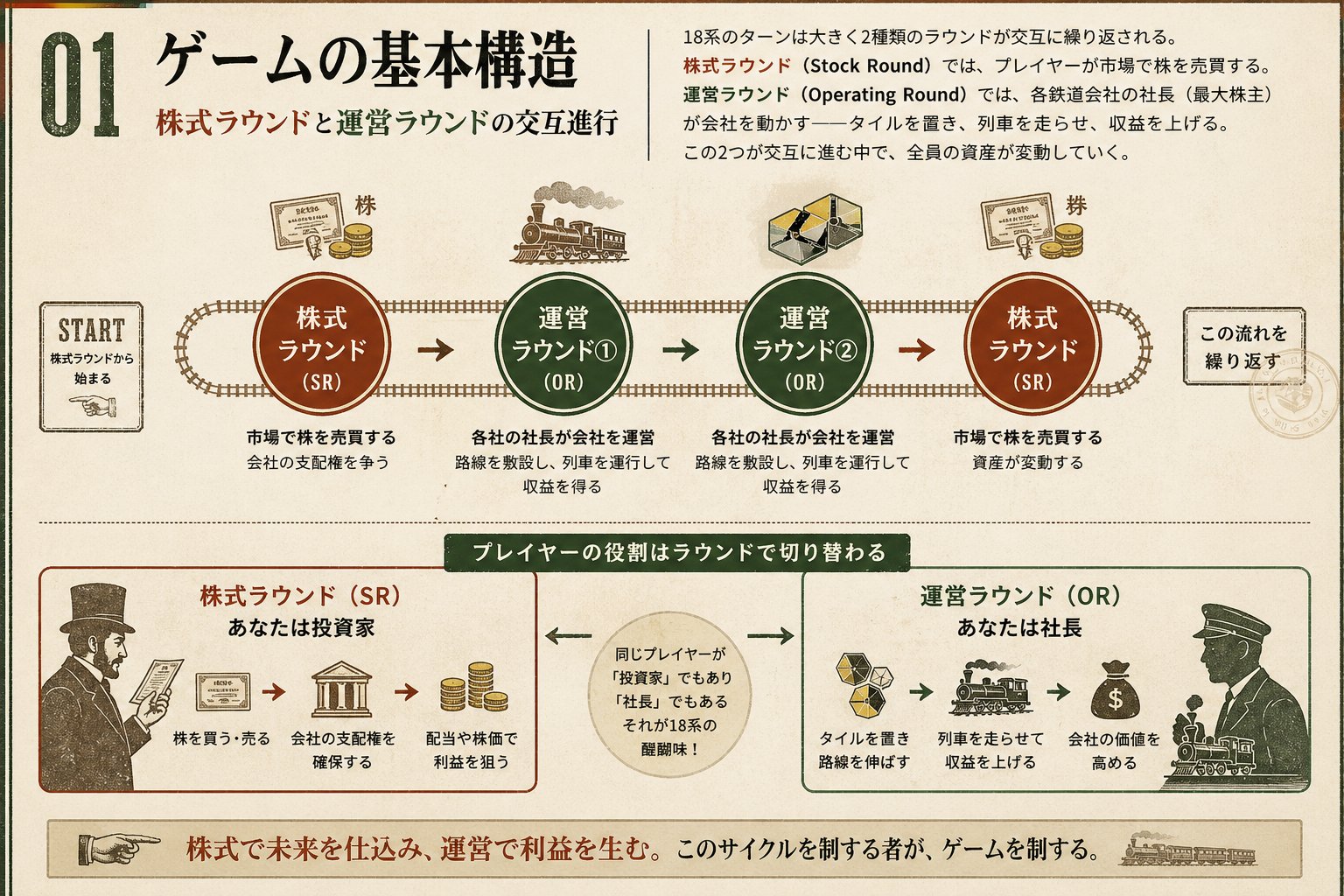 ゲームの基本構造 — 株式ラウンドと運営ラウンドの交互進行